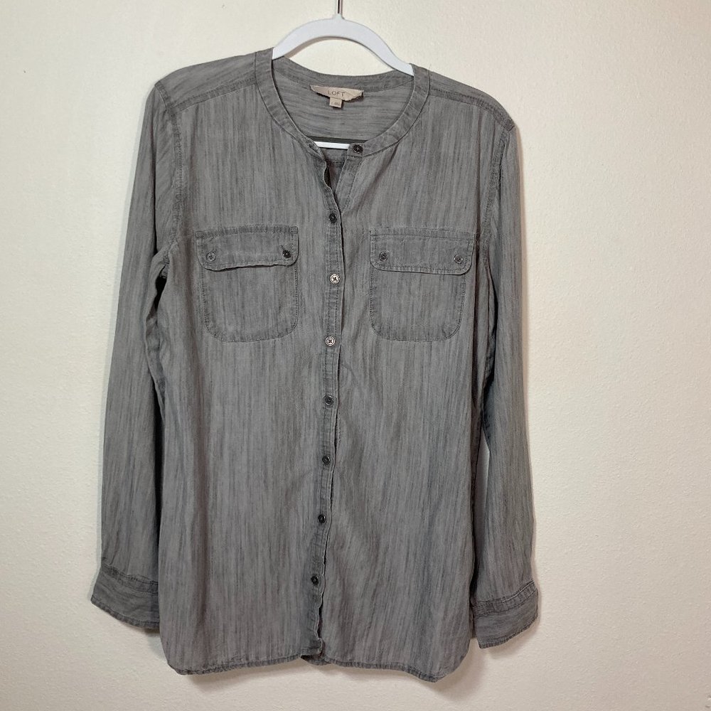Loft Linen Blend Gray Banded Collar Long Sleeve Button Down Blouse Size Large